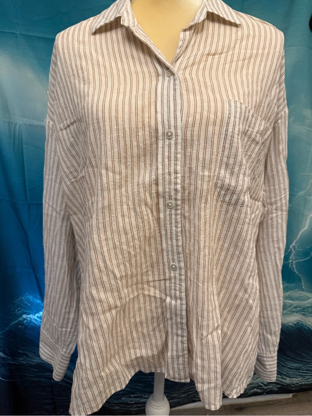 Vince Cream Shirt with Thin Brown Stripes